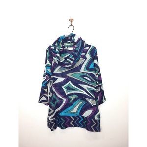 Gretchen Scott Blue Purple Swirl Cowl Neck Infinity Tunic Long Sleeve Women's XS